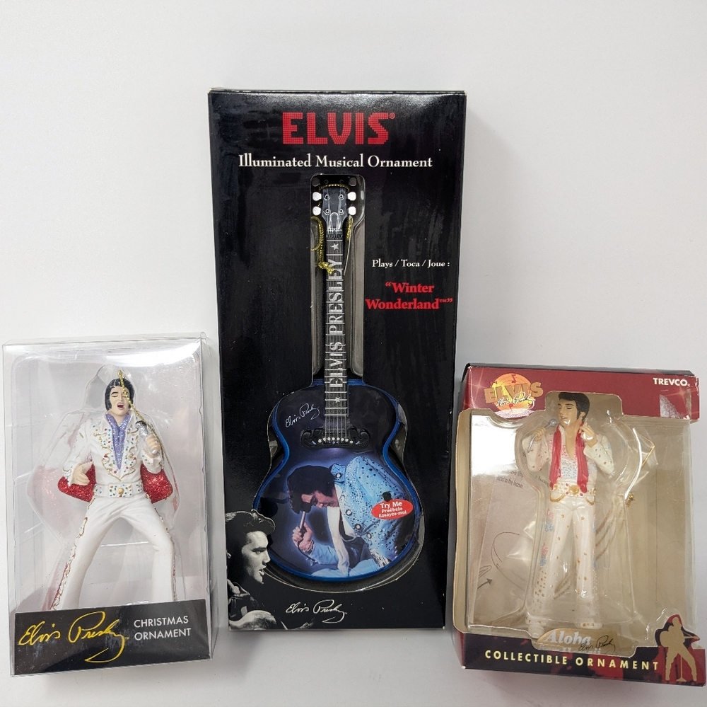 Lot Of 3 ELVIS PRESLEY Ornaments ILLUMINATED MUSICAL GUITAR Winter Wonderland